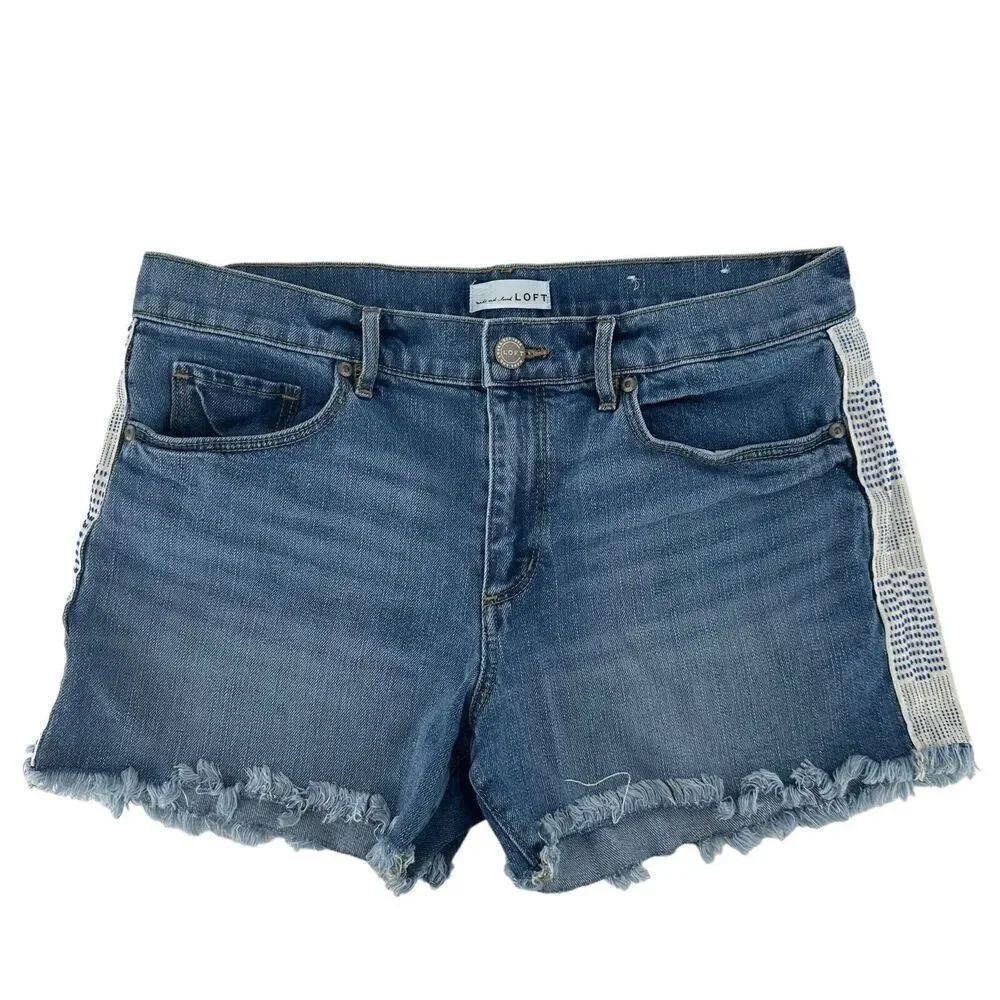 LOFT Jean Shorts Stretch Denim Size 8 29 In Waist Mid Rise Boho Striping Blue